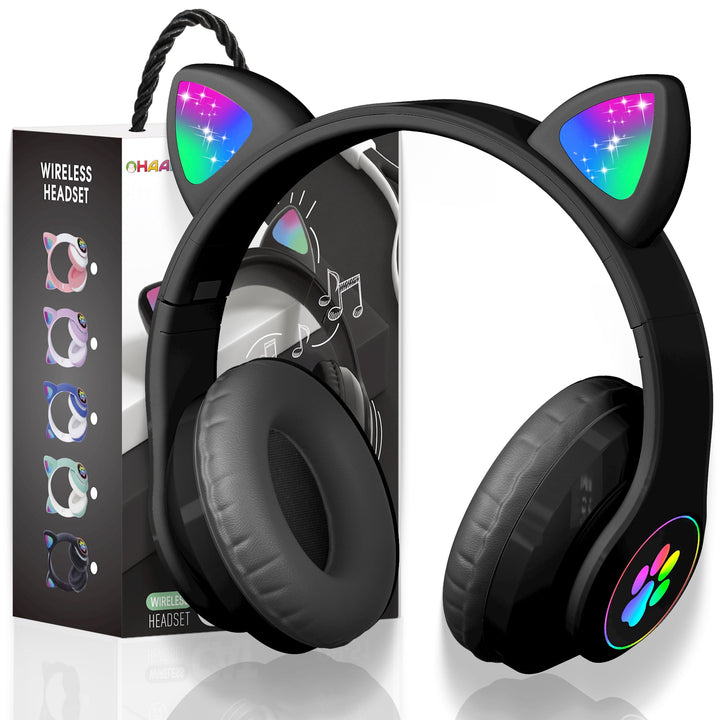 OHAANYY Katzenohr Kopfhörer Kindergeburtstag Geschenke Kind LED Katzenohren Einhorn Bluetooth Kabell