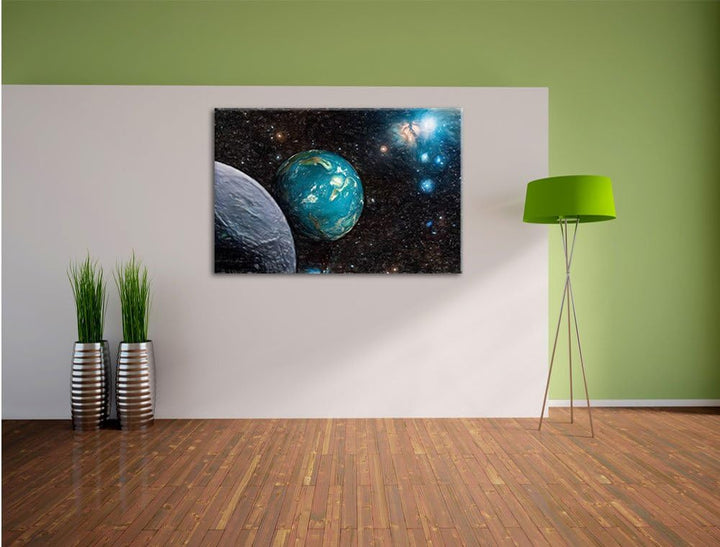 Pixxprint Planet Erde im Kosmos als Leinwandbild/Grösse: 100x70 cm/Wandbild/Kunstdruck/fertig bespan