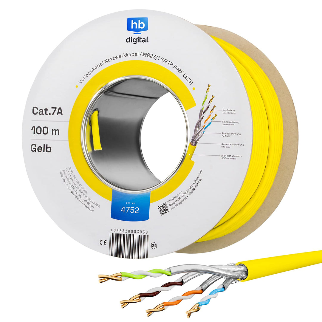 HB-DIGITAL 100m CAT.7a Netzwerkkabel LAN Kabel Verlegekabel AWG 23 Reines Kupfer S/FTP PiMF LSZH Hal