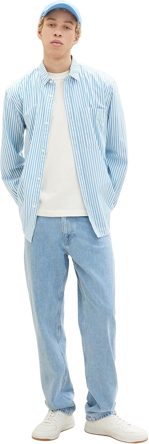 TOM TAILOR Denim Herren Relaxed Fit Hemd mit Streifen S 31564 - Sky Blue Off White Stripe, S 31564 -