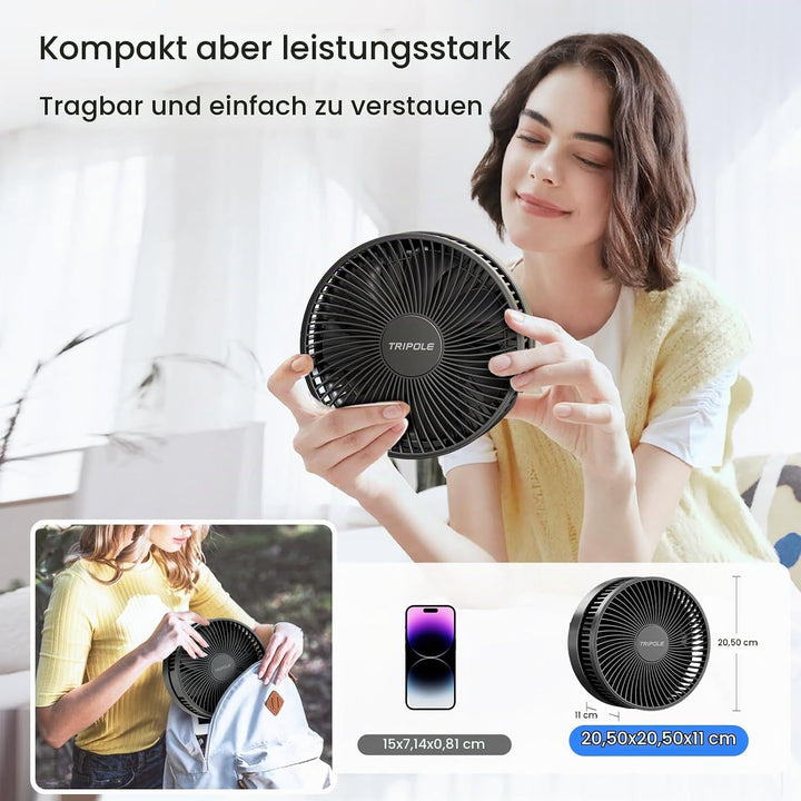 TriPole Tragbarer Standventilator mit LED-Anzeige, Akku, 28,5 Std. Laufzeit | Oszillierender Ventila