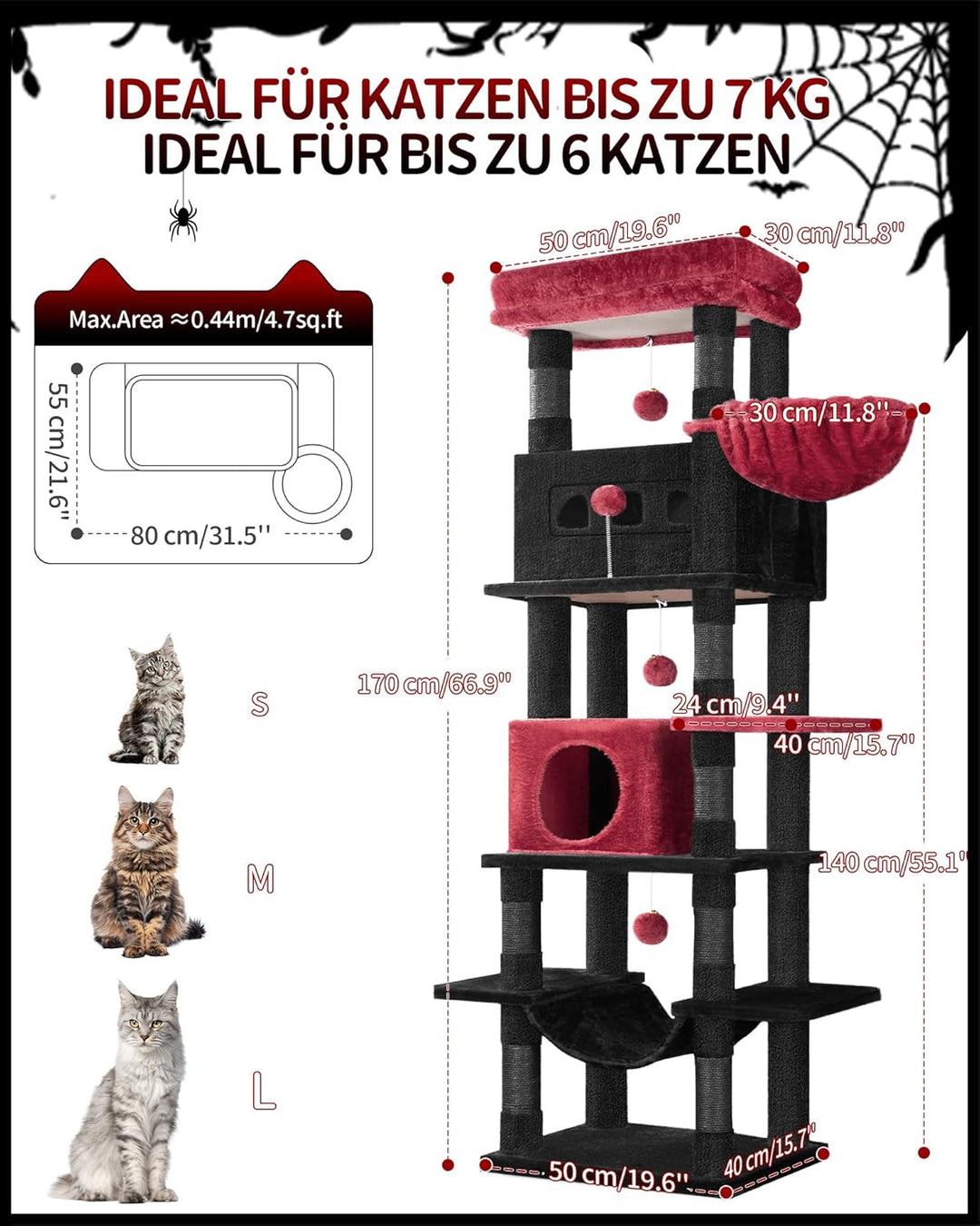 Hzuaneri Kratzbaum gross, 170 cm hoch, Katzenbaum, mit 8 Kratzbäume, 2 Höhlen, gross Plattformen, Wa