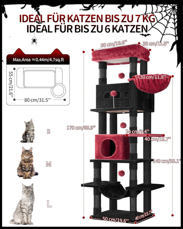 Hzuaneri Kratzbaum gross, 170 cm hoch, Katzenbaum, mit 8 Kratzbäume, 2 Höhlen, gross Plattformen, Wa