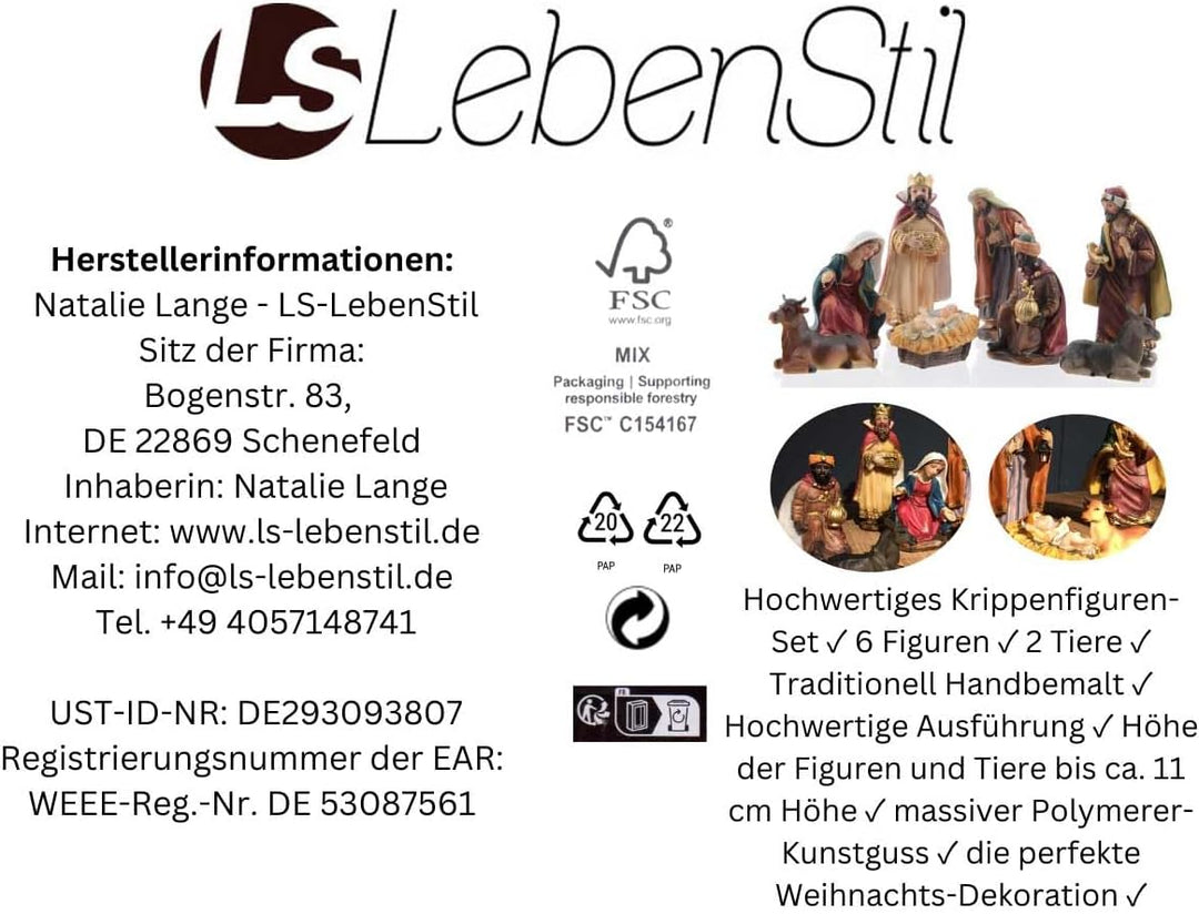 LS-LebenStil Krippenfiguren Set 11cm 8 Figuren bunt Krippe Krippenset handbemalt 8-teilig Bis 11cm,