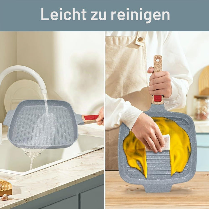 Grillpfanne mit Deckel 26 x 24 cm, Antihaft Keramikbeschichtung, Grill Pfanne mit Abnehmbarer Griff