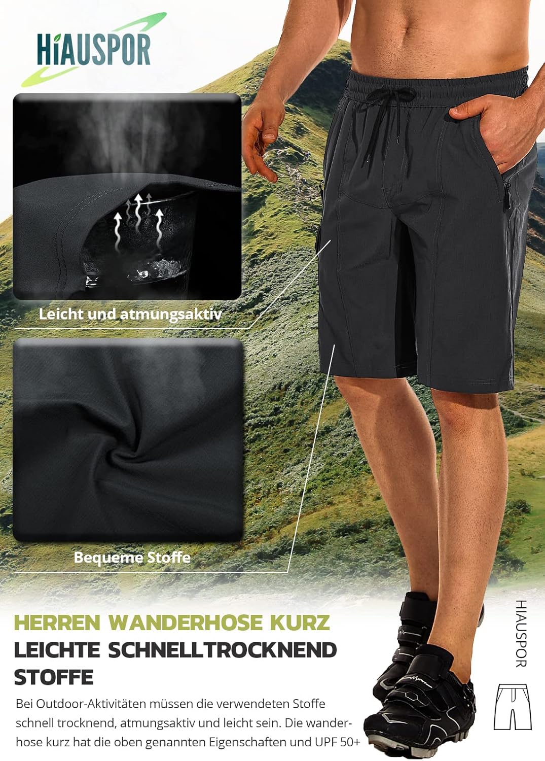 Hiauspor Wanderhose Herren Kurz MTB Hose Leichte Schnelltrocknend Cargo Bermuda Chino mit 5 Taschen