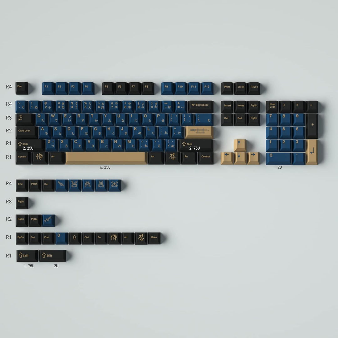 PBT Tastenkappen 129 Tasten Kirschprofil Dye-Sub Blau Samurai Japanisches Tastenkappen-Set für 61/64