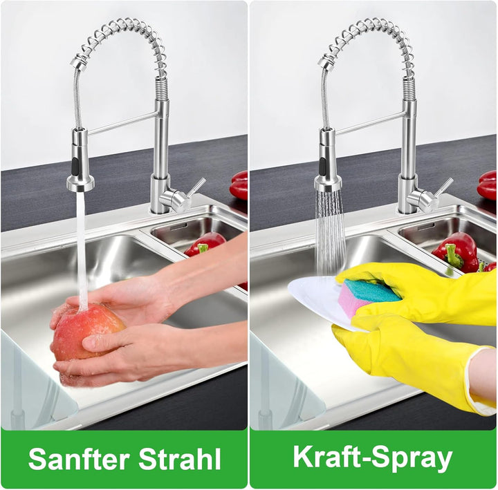 Küchenarmatur mit Brause, Feder-Wasserhahn für Küche, ausziehbare Mischbatterie mit 2 Sprühmodi, Spü