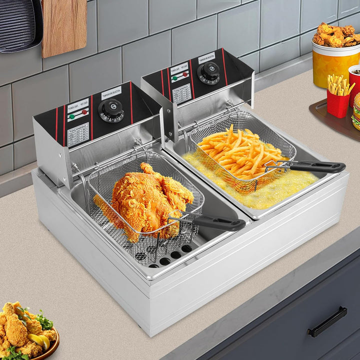 Friteuse Edelstahl 12L, 2.5KW+2.5KW Doppelfriteuse mit 4 Tubi Flessibili, Friteuse Öl mit Fettablauf