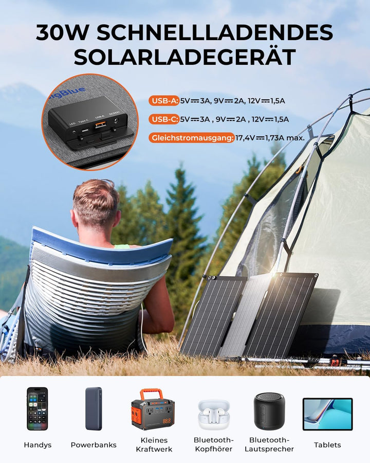 30W Solarladegerät, BigBlue Tragbares Solarpanel mit DC-Anschlüssen, Schnellladung 18W USB-C/USB-A Q