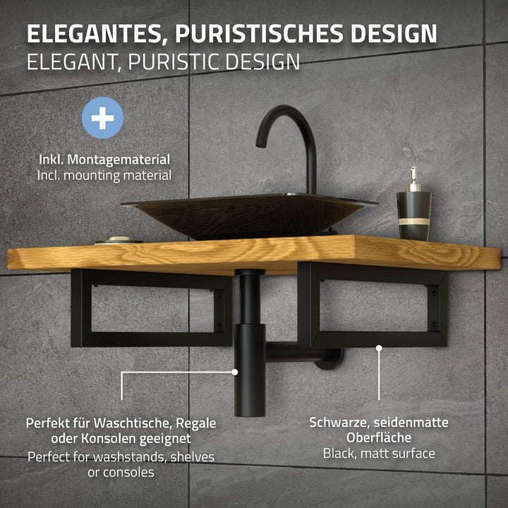 ML-Design 2er Set Wandkonsole für Waschtisch, 500x150 mm, Schwarz, Stahl, Design Waschtischhalterung