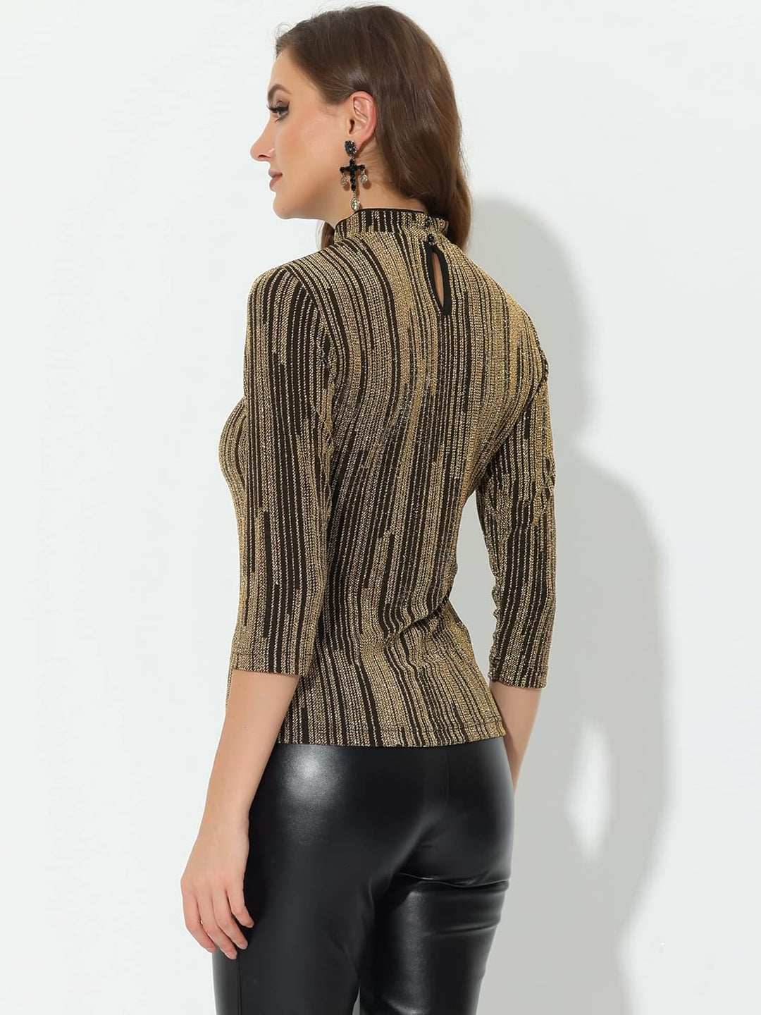 Allegra K Damen Glitzer Shirt Langarm Stehkragen Metallic Streifen Pailletten Pullover Oberteile Blu