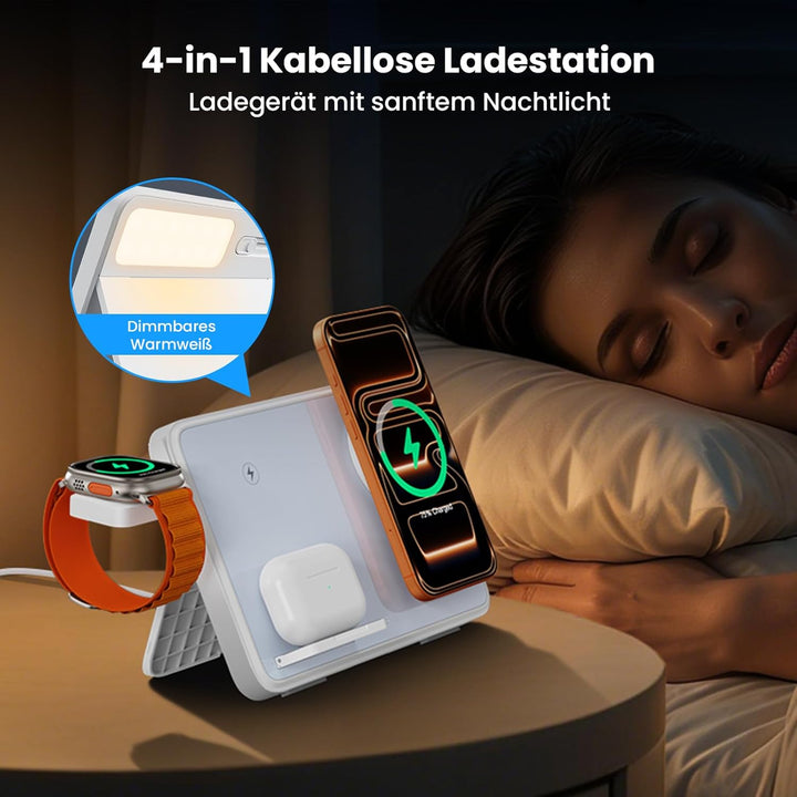 Dual Induktive Ladestation mit Nachtlicht für MagSafe – Faltbarer 4-in-1 Wireless Dock für iPhone, S