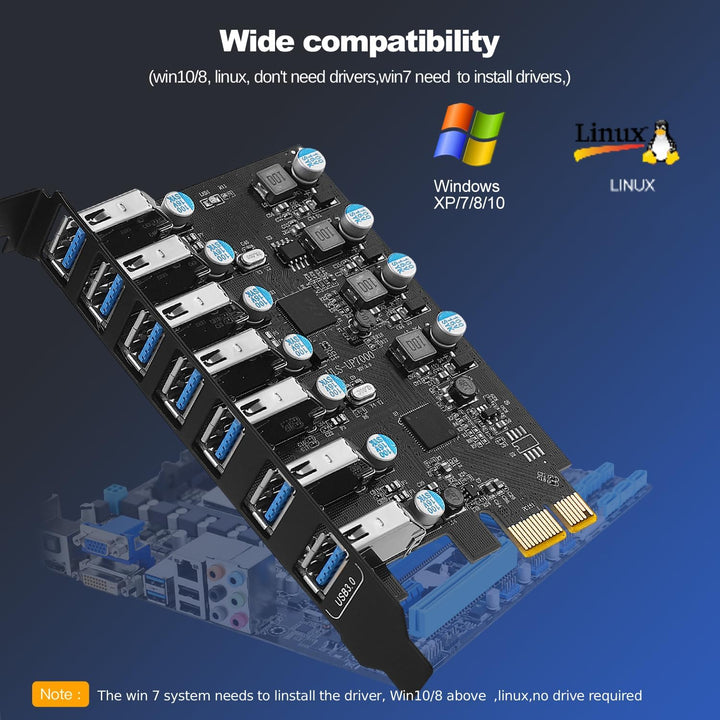 FARBOKO USB PCIe Karte 7-Port, PCIe USB 3.0 5Gbps Erweiterungskarte USB 3.2 (USB 3.1) Gen1 Interner