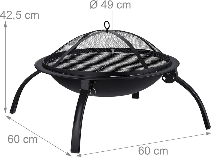 Relaxdays XL Feuerschale, Grill Rost, Schürhaken, Funkenschutz Deckel, Garten, Terrasse, Feuerstelle