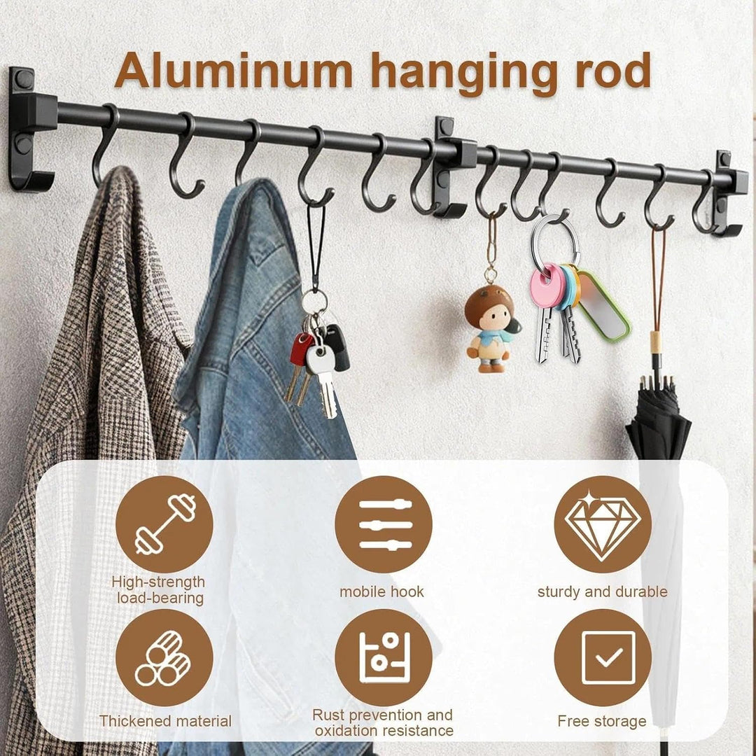 80 cm Stange für Küchenutensilien – Aluminium Hakenleiste mit 12 beweglichen Haken, Schwarz – Küchen