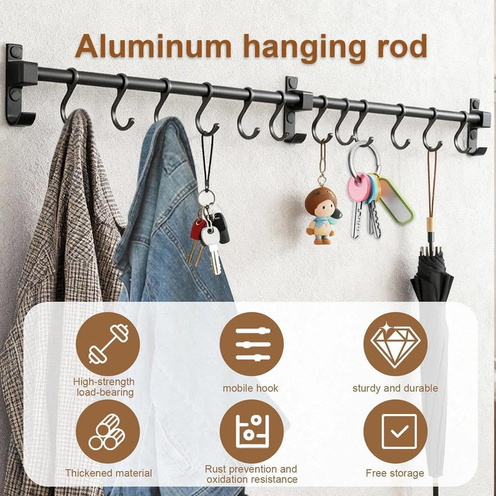 80 cm Stange für Küchenutensilien – Aluminium Hakenleiste mit 12 beweglichen Haken, Schwarz – Küchen