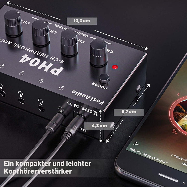Fosi Audio PH04 4 Kanal Kopfhörerverstärker Metall-Stereo-Audio-Verstärker mit 12V 1,5A-Netzteil, ul