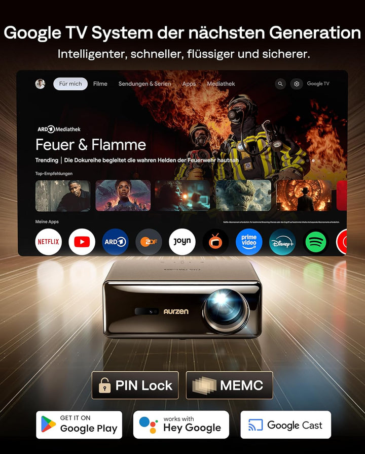 Aurzen EAZZE D1 MAX Beamer mit Google TV 14.0 & Netflix, 4K Unterstützt, Smart Projektor mit 1000 AN