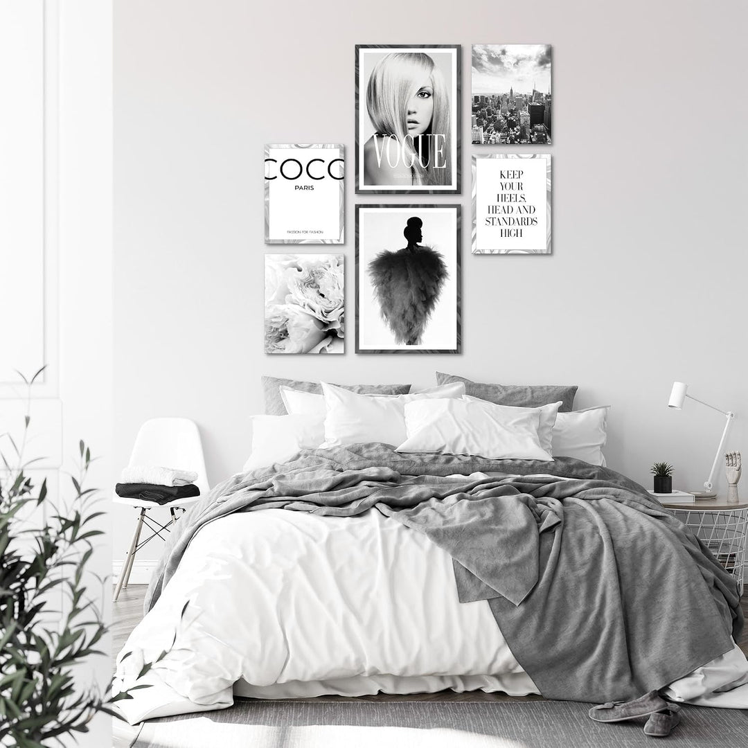 Novart Wandbilder Set Coco Fashion Schwarz Weiss - KEIN EXTRA RAHMEN BENÖTIGT - Modern Deko - Wohnzi