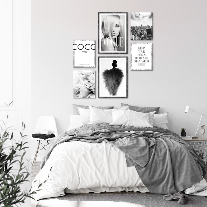 Novart Wandbilder Set Coco Fashion Schwarz Weiss - KEIN EXTRA RAHMEN BENÖTIGT - Modern Deko - Wohnzi