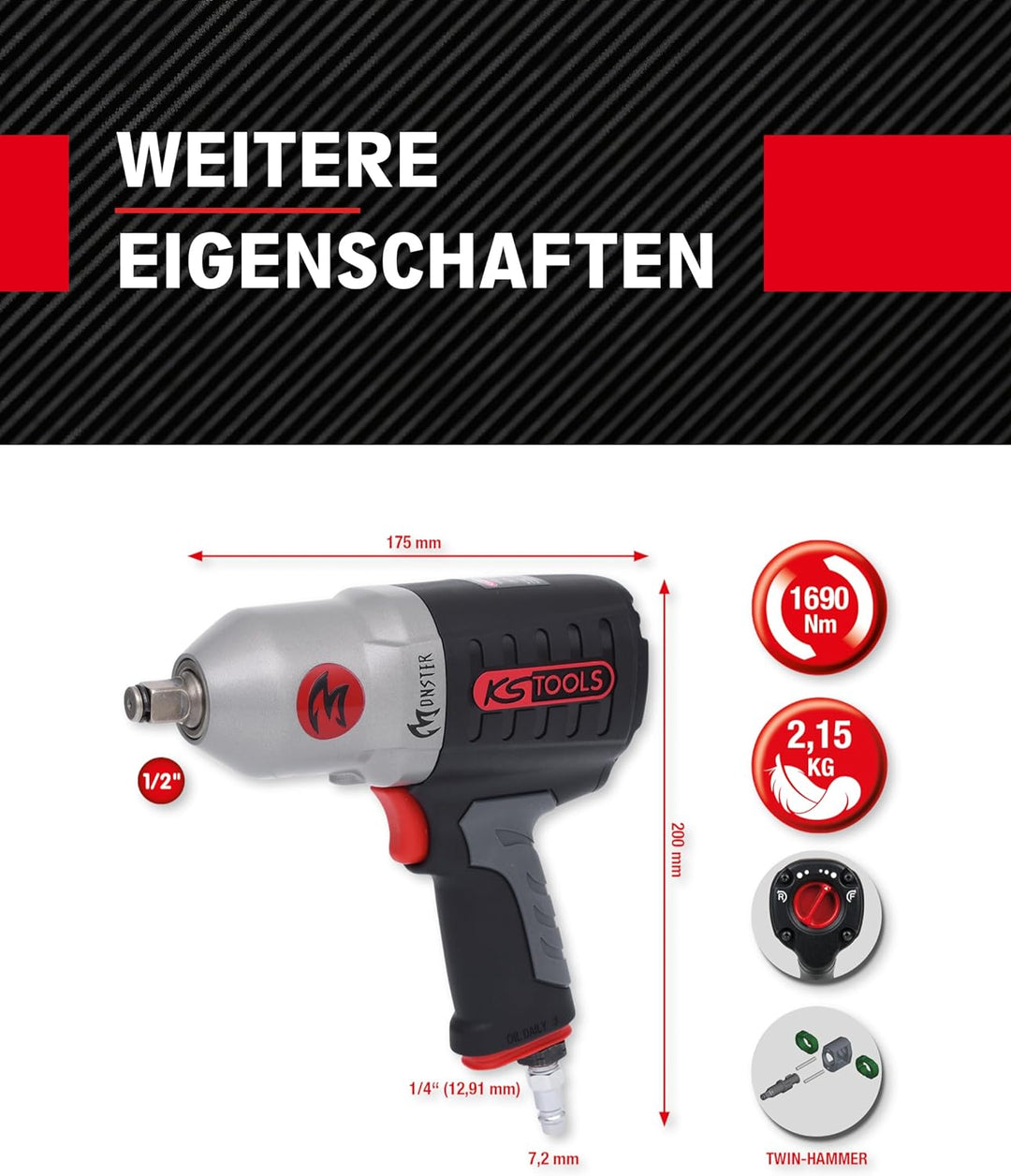 KS Tools 515.1210 1/2" MONSTER Hochleistungs-Druckluft-Schlagschrauber, 1690Nm