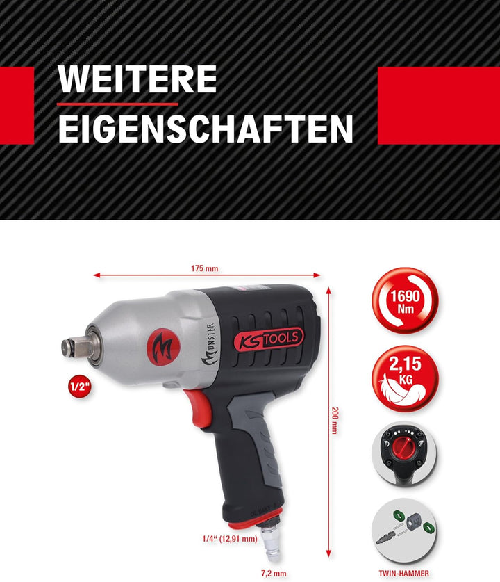 KS Tools 515.1210 1/2" MONSTER Hochleistungs-Druckluft-Schlagschrauber, 1690Nm