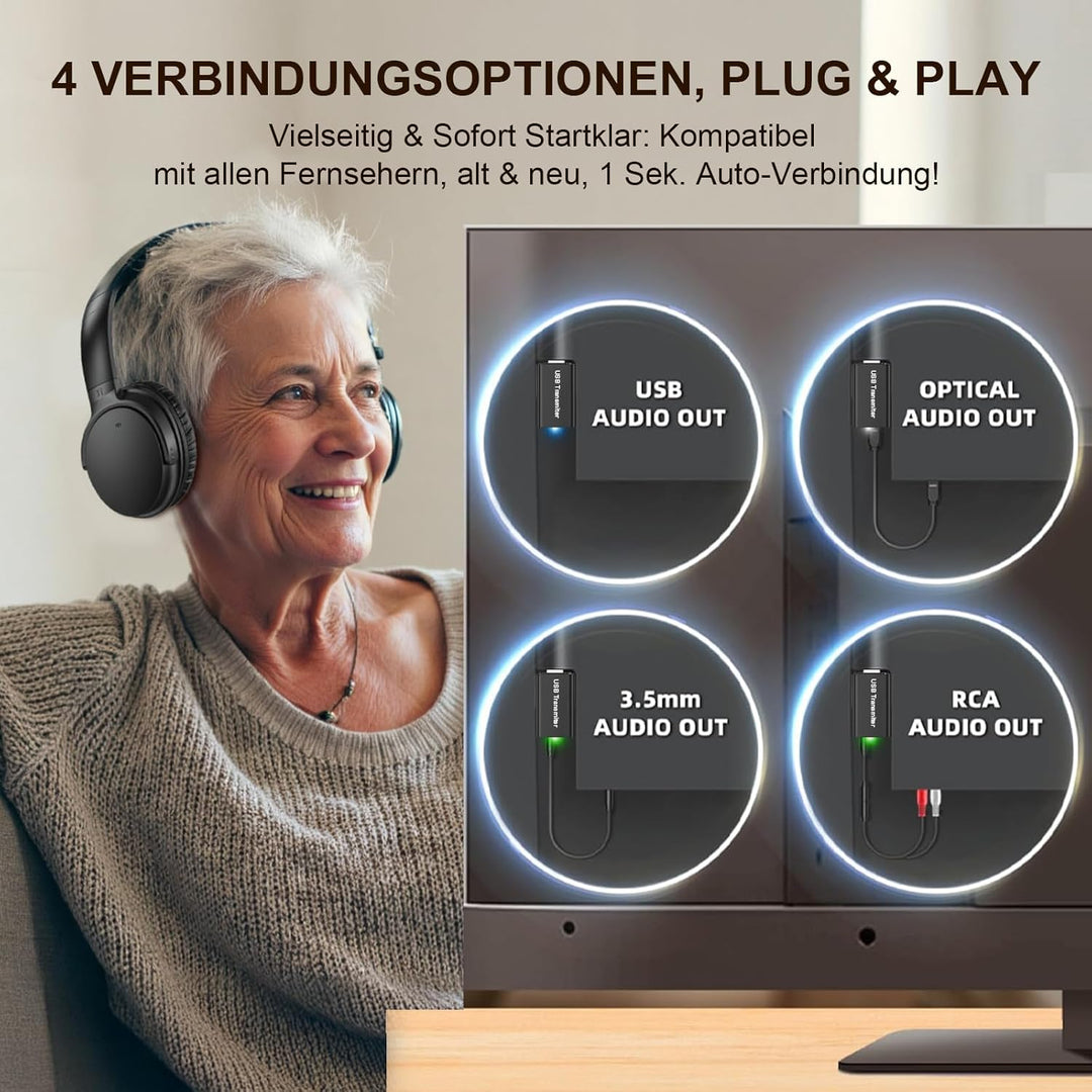 Kabellose TV-Kopfhörer für Senioren, AptX Low Latency, Ein-Knopf-Design Over-Ear TV Headset mit USB-