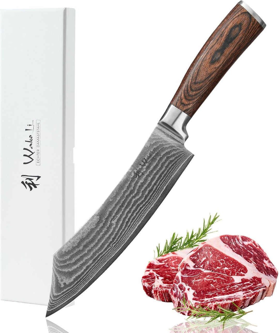 Wakoli Edib Damast BBQ- und Blockmesser I Scharfe 20 cm Klinge aus 67 Lagen Damaststahl mit VG10 Ker