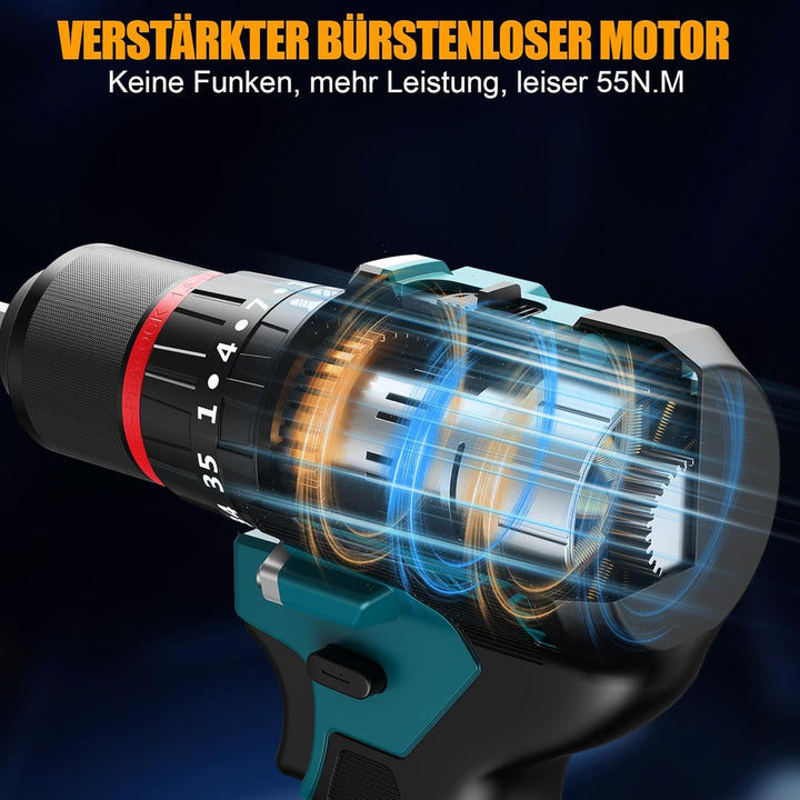 Conentool 21V Bürstenlos Akkuschrauber Set, Akku bohrschrauber mit 2x 2500mAh Akkus, 55 N.m Max schl