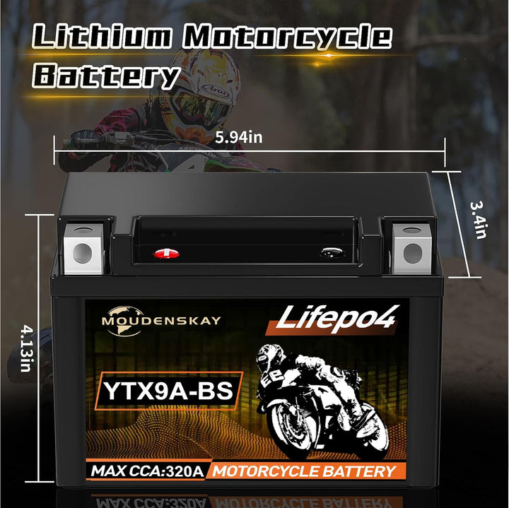 Lithium MotorradBatterie 12V Lithium Powersports Batterie mit BMS(YTX9A-BS 12.8V 4Ah 320CCA) LiFePO4