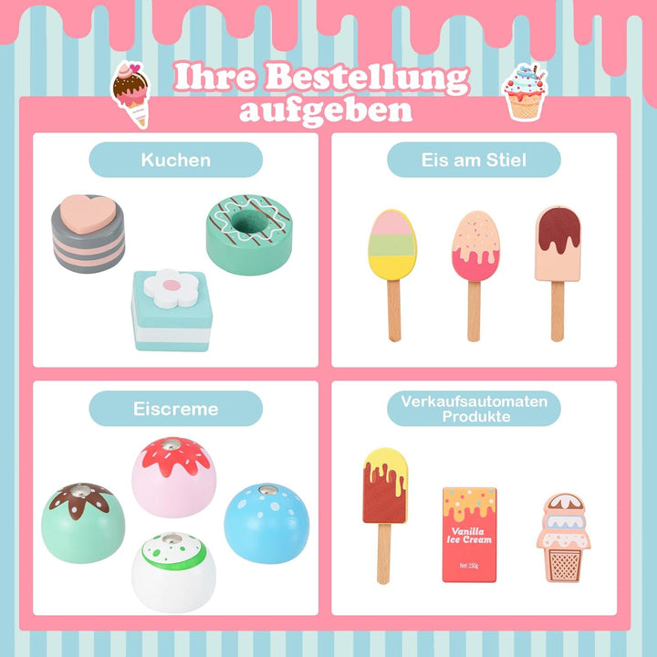 COSTWAY Eiswagen Kinder mit Eiscreme Spielzeug, Eisladen Holz mit Eismaschine & Verkaufsautomat & Ka