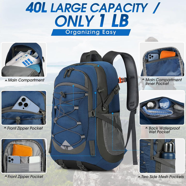 IGOLUMON Wanderrucksack Herren Damen 40L Wasserdichter Rucksack Leicht Faltbarer Reiserucksack Trekk