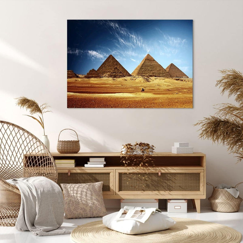 Bilder auf Leinwand 100x70cm Leinwandbild mit Rahmen Pyramide Wüste Sand Gross Wanddeko Bild Schlafz