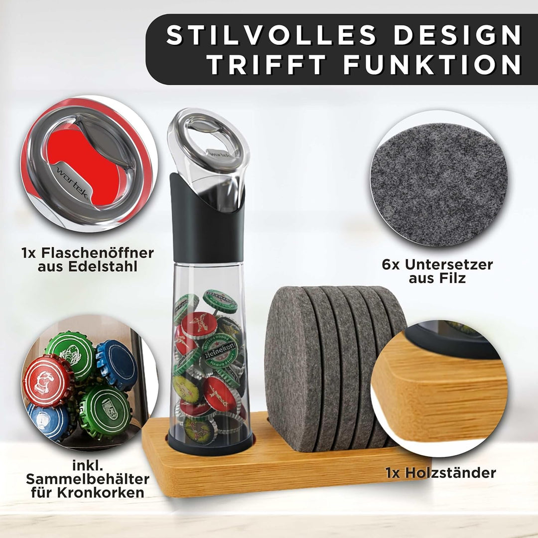 wortek Flaschenöffner mit Auffangbehälter + Filz Untersetzer Gläser Set mit Halterung Glas Untersetz