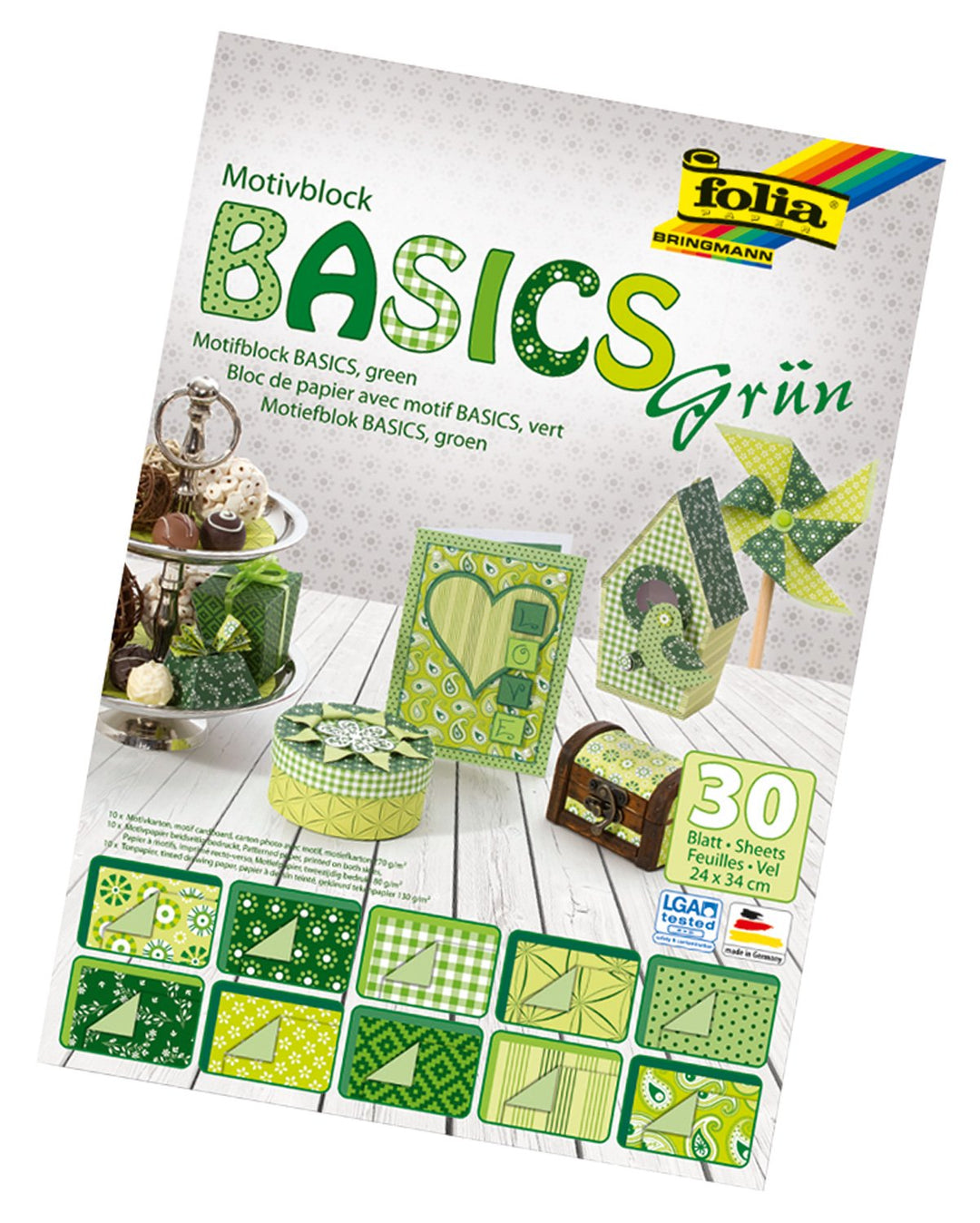 folia 46549 - Motivblock Basics grün sortiert, 24 x 34 cm, 30 Blatt, 10 x Motivkarton, 10 x Motivpap