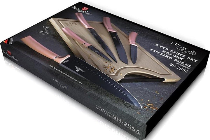 Berlinger Haus BerlingerHaus I-Rose 5er Set Profi Küchenmesser, Bambus Schneidebrett, Kochmesser Bro