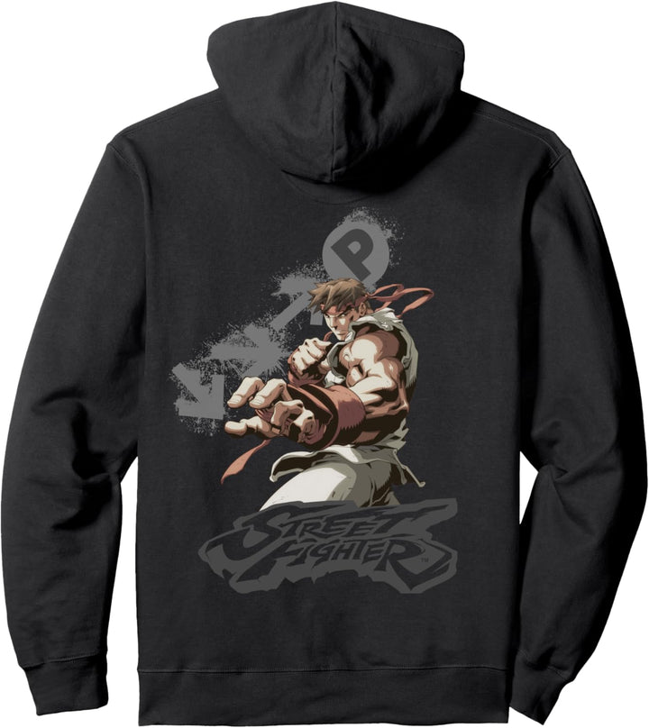 US Street Fighter Ryu Portrait Fireball 01 Grau meliert Pullover Hoodie