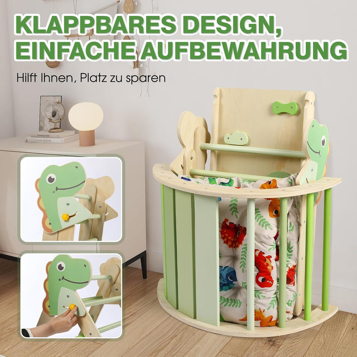 7-in-1 Montessori Kletterdreieck Set mit Rutsche, Kletterbogen & weichem Kissen – Holz Klettergerüst