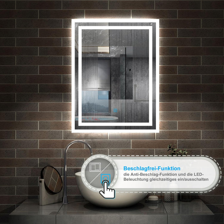 Aica Sanitär Badezimmerspiegel 50×70cm 3 Lichfarbe dimmbar Memory Wand/Touchschalter Beschlagfrei LE