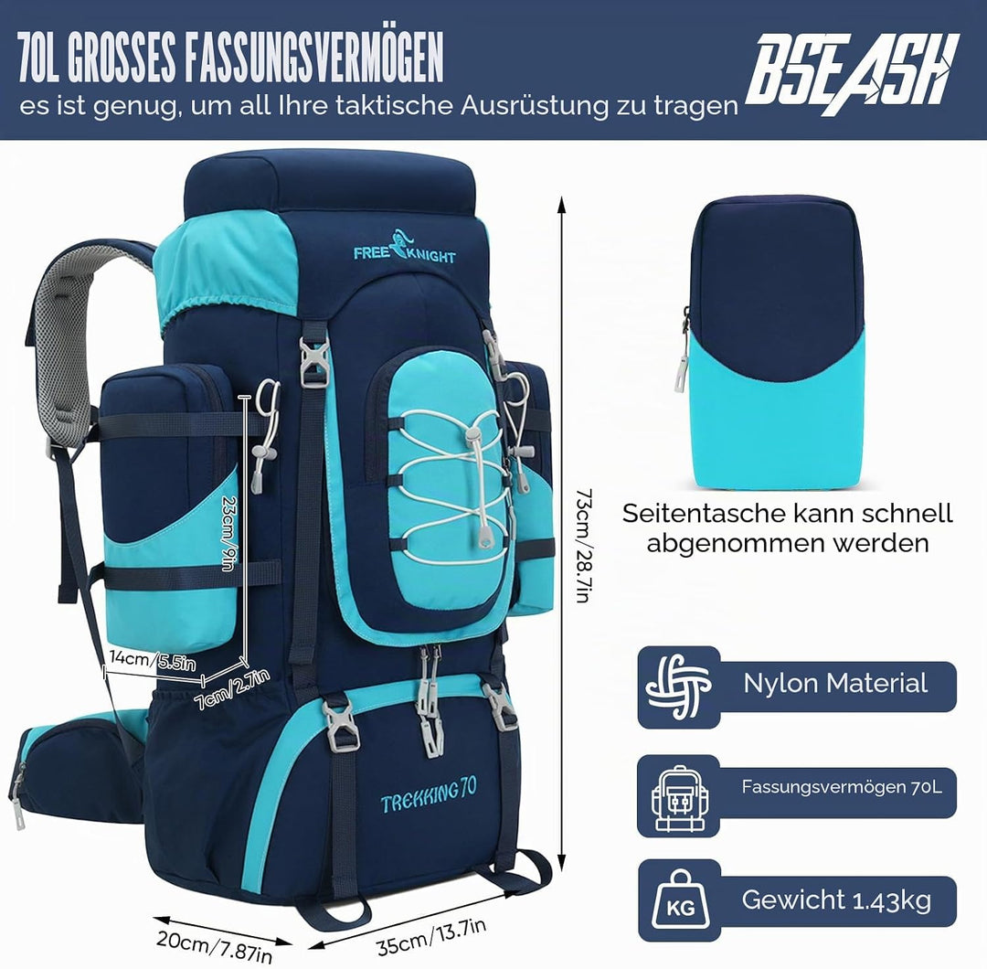 Bseash 70L (65+5) Wasserdichter Wanderrucksack mit Regenschutz, Outdoor-Sport, Reisen, Tagesrucksack