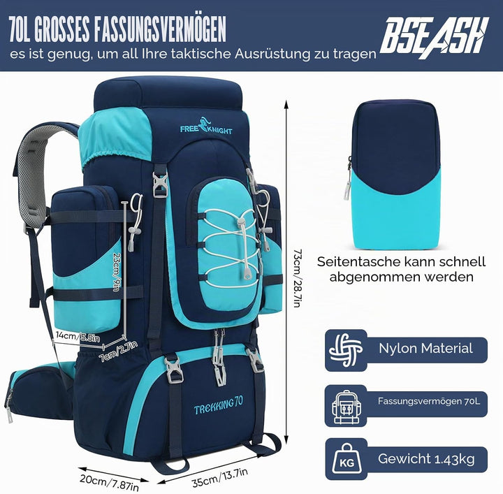 Bseash 70L (65+5) Wasserdichter Wanderrucksack mit Regenschutz, Outdoor-Sport, Reisen, Tagesrucksack