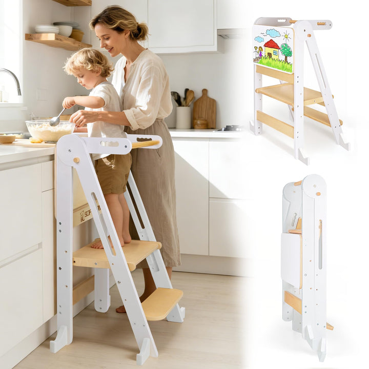 Montessori Lernturm Klappbar, Lernturm ab 1 Jahr mit Reissbrett/Sicherheitshandlauf, Learning Tower