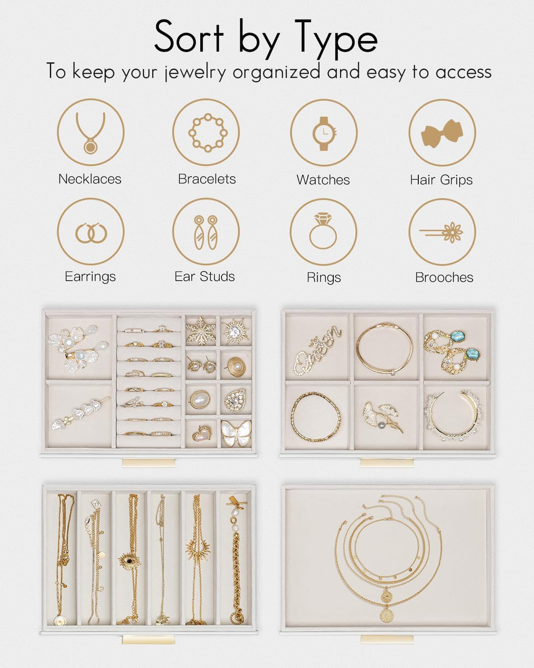 VLANDO Schmuckkästchen Gross, Schmuckkasten mit 4 Ebenen, Schmuck Organizer mit Glasdeckel, 4 Schubl