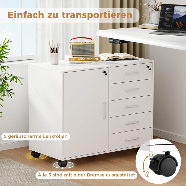BEWISHOME Rollcontainer Schreibtisch mit 5 Schubladen, Aktenschrank Abschliessbar mit 5 Rollen, 1 Sc