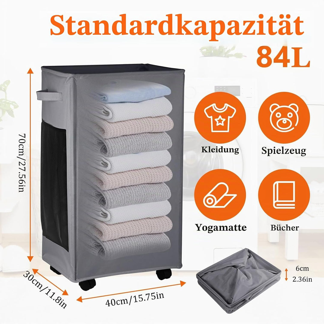 84L Wäschekorb mit Rollen und Netztaschen, Dunkelgrau Wäschekorb Schmal aus 600D Oxford-Stoff, Freis
