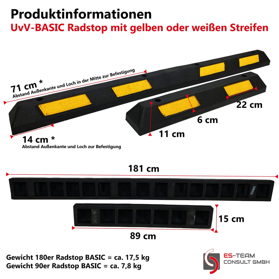 UvV-BASIC Radstop - Parkstopper Parkplatzbegrenzer, Radstopp mit weissen Reflexstreifen, gummi 180cm