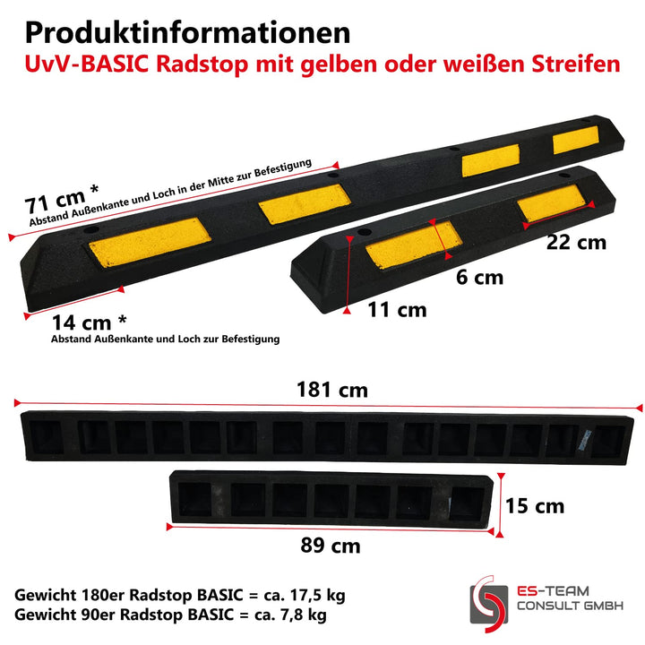 UvV-BASIC Radstop - Parkstopper Parkplatzbegrenzer, Radstopp mit weissen Reflexstreifen, gummi 180cm