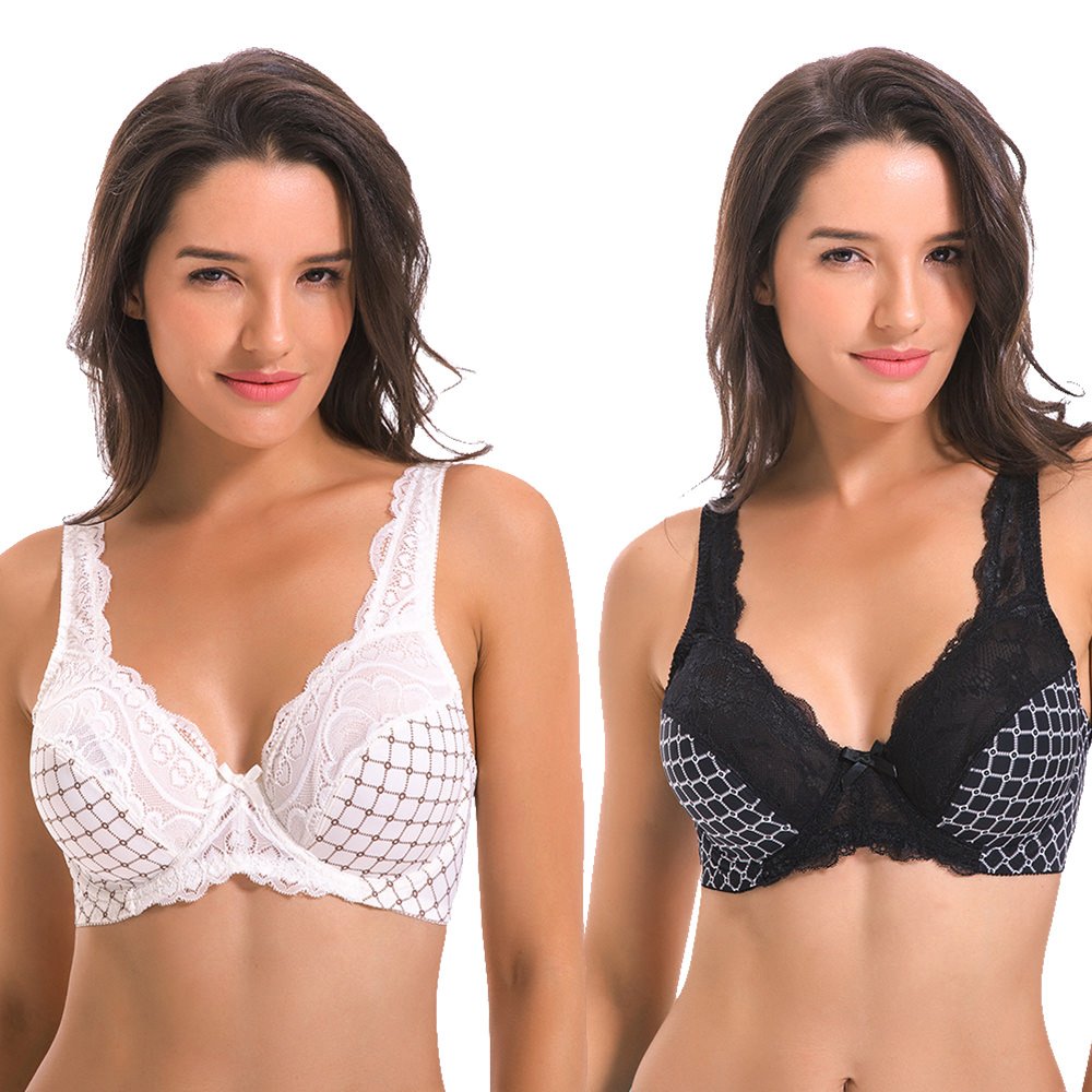 Curve Muse Damen Minimizer Ungefütterter Bügel-BH mit Spitzenstickerei - 2er Pack 34 Weiss,schwarz(2