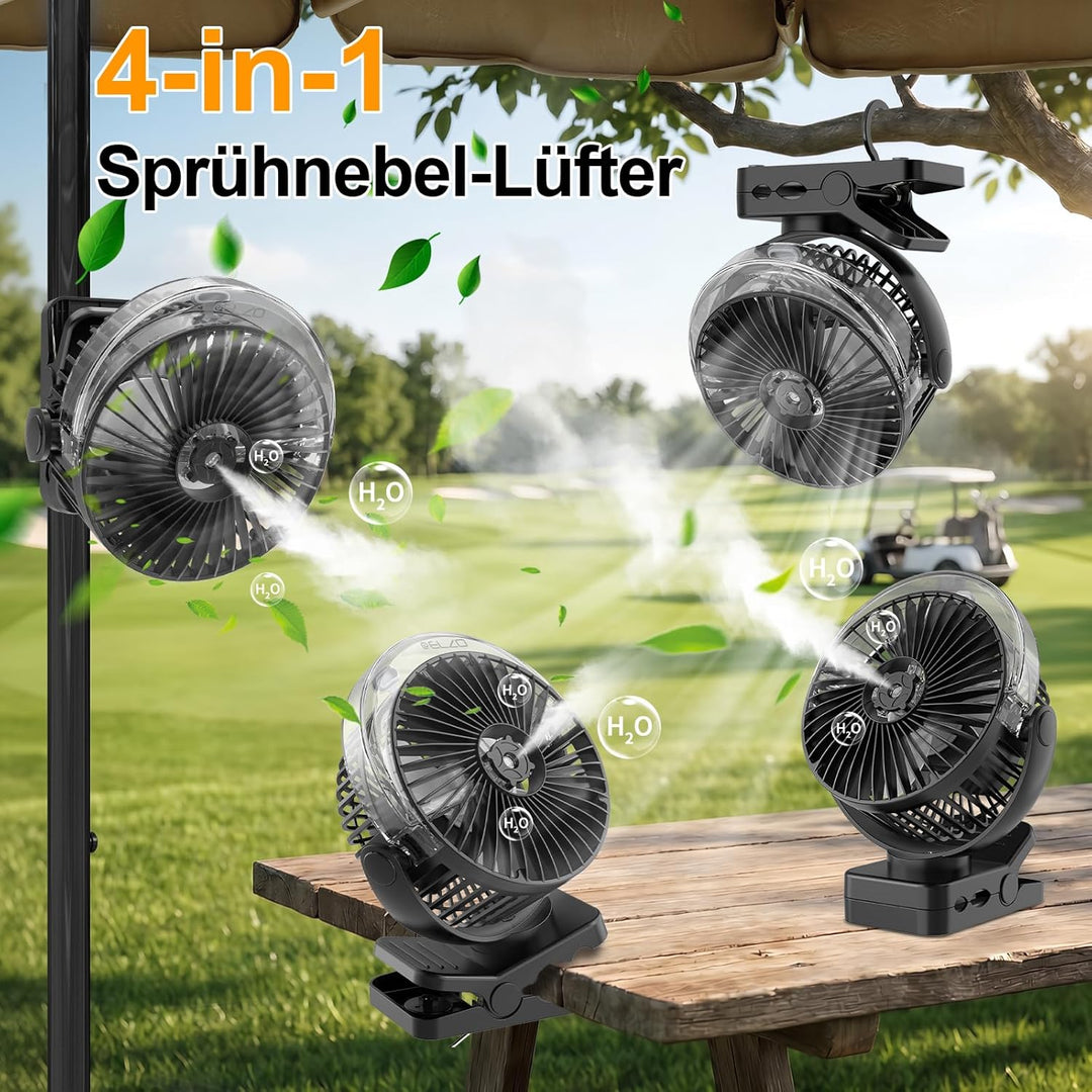 ELZO 12000mAh Campingventilator, USB-Tischventilator mit LED-Licht & Sprühfunktion, Aufhängehaken un